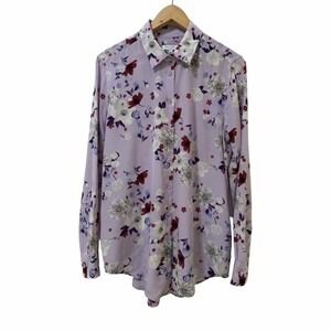 Equipment Womens Floral Silk Long Sleeve Button Up Blouse Size M Purple FLAWS
